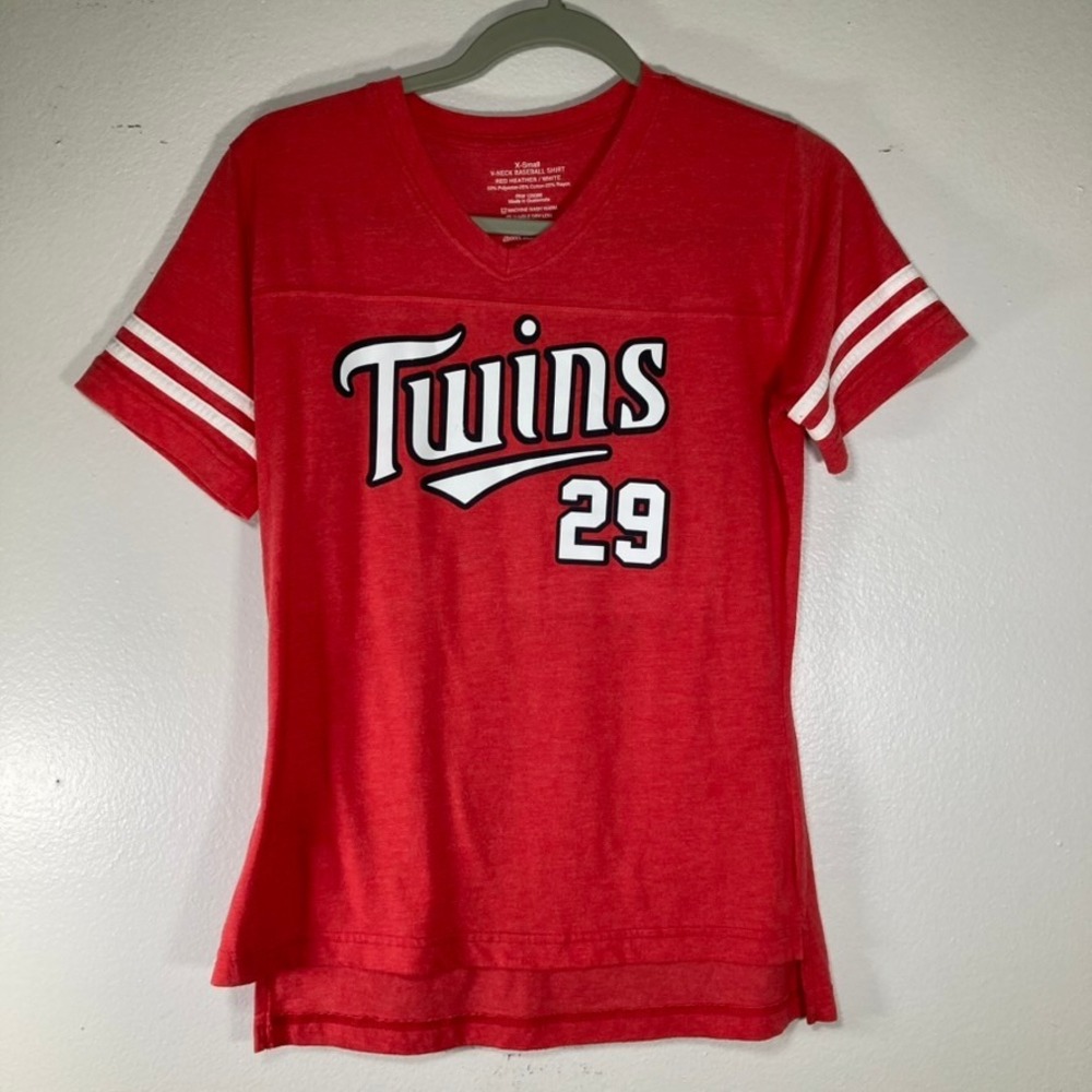 Minnesota Twins Baseball Shirt Red Heather V-Neck Stripe Sleeve XS 1740844